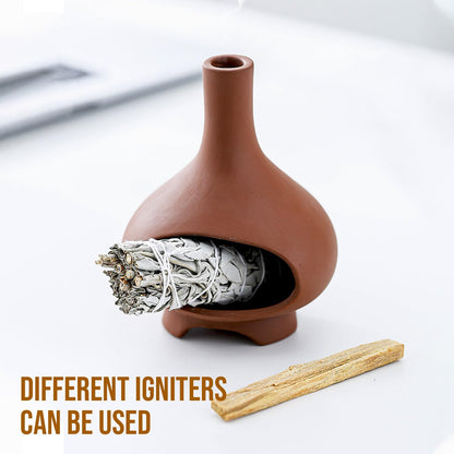 Palo Santo Holder Handmade Ceramics Incense Burner Chimney Dish Smudge Bowl for Palo Santo Sticks Sage Bundles with Brush(Brown)