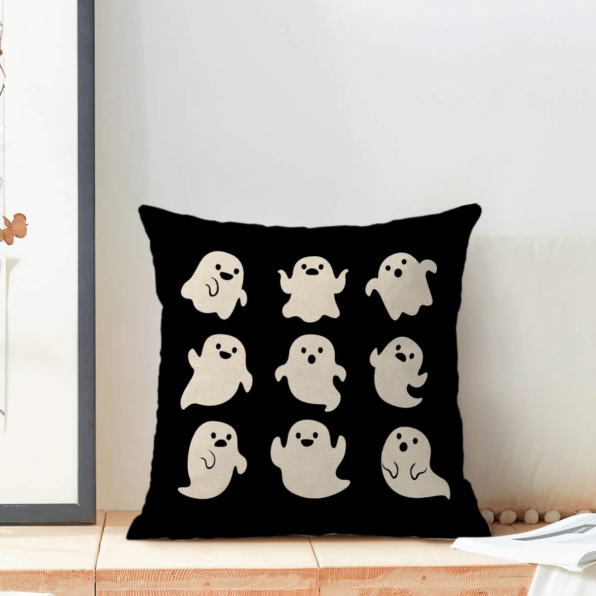 Sorktse Halloween Pillow Covers 18 x 18 Inch Set of 2 Cute White Ghost Throw Pillows Outdoor Decorative Holiday Black Pillowcases Linen Cushion Cases for Farmhouse Home Bed Sofa Couch