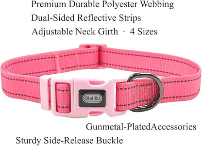 Dog Collar Leash Set, Durable Polyester with Safety Reflective Strips, 5 ft Matching Leash, Neoprene Padded Handle, Adjustable 4 Sizes for Small Medium Large Dogs.(S, Pink)