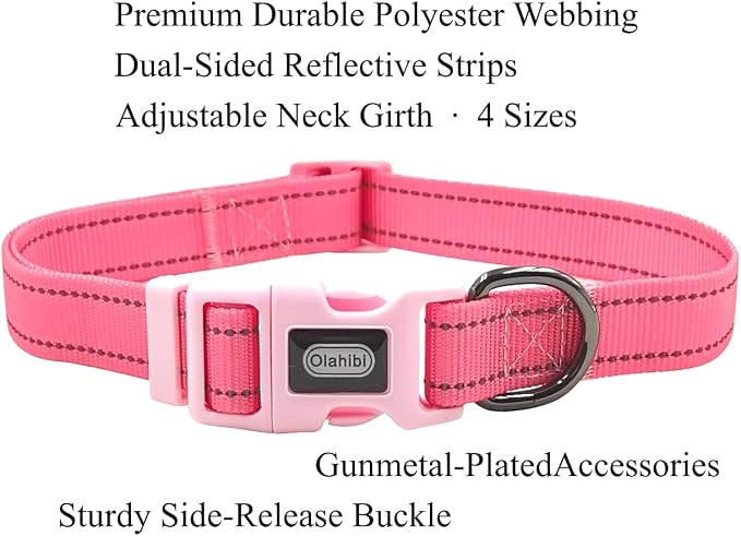 Dog Collar Leash Set, Durable Polyester with Safety Reflective Strips, 5 ft Matching Leash, Neoprene Padded Handle, Adjustable 4 Sizes for Small Medium Large Dogs.(M, Pink)