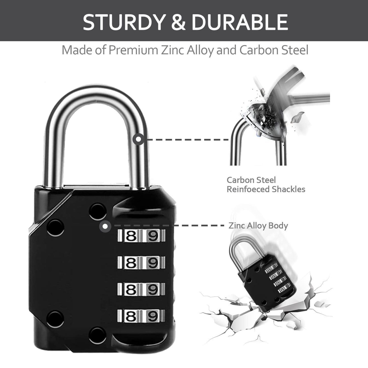 Vervida® Combination Lock Resettable 2 Pack 4 Digit Outdoor Waterproof Combo Padlock for School Gym Locker, Sports Locker, Fence, Toolbox, Gate, Hasp Storage (Black)
