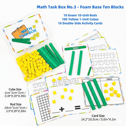 Math Task Boxes Set of 5 Math Manipulatives Themes 230+ Pieces of Number Rods, Base Ten Blocks, Ten Frame Disc Counters, Place Value Blocks, 0-9 Numbers, 3D Shapes, Counting Blocks Activity Cards