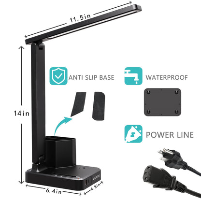 cozoo LED Desk Lamps for Home Office, Modern Dimmable Eye Caring Desk Light with USB Charging Ports AC Outlet, Pen Holder,Touch/Memory/Timer, Kids Small Table Lamp for Reading, Bedroom, Study, Craft