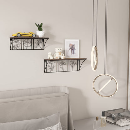 QUTREY Plant Wall Art Floating Shelves Set of 2, Minimalist Metal Abstract Decor Rustic Wooden Shelf for Living Room, Bedroom, Bathroom