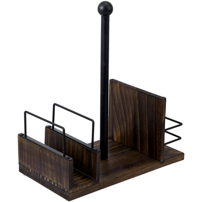 MyGift Rustic Burnt Solid Wood and Industrial Matte Black Metal Dining Combination Caddy with Paper Towel Roll Dispenser Stand, Napkin Holder, and Spice Rack