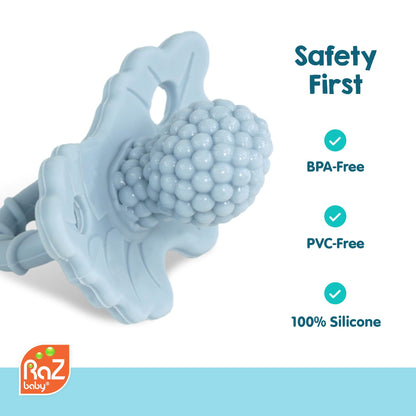RaZbaby RaZberry Silicone Teether Pacifier – Teething Relief for Infants, Food-Grade, BPA-Free, Hands-Free, Natural Berrybumps Fruit Texture for Sensory Development, Freezable, 2-Pack - Red & Blue