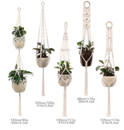 Lynkaye Macrame Plant Hangers Handmade Cotton Rope Flower Pot Holder Boho Theme Indoor Outdoor - Pack of 5 with Ceiling Hooks