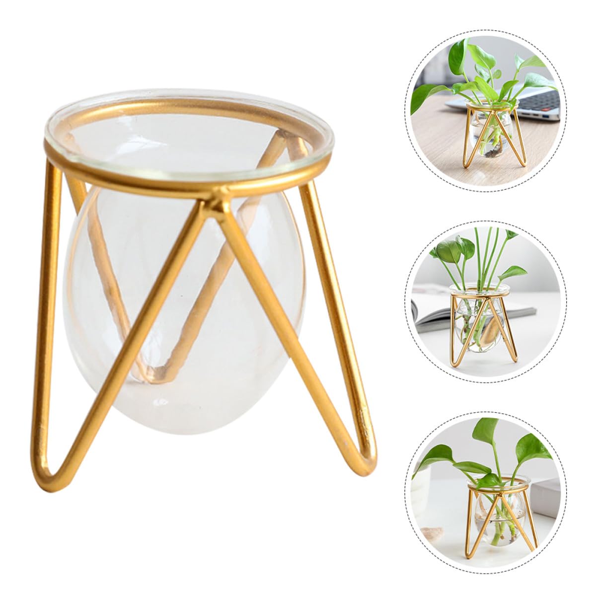 NULYLU Glass Flower Holder with Metal Stand, Small Gold Hydroponic Plant Pot Terrarium Vase for Desk and Office Decor, Decorative Succulent and Green Plant Container