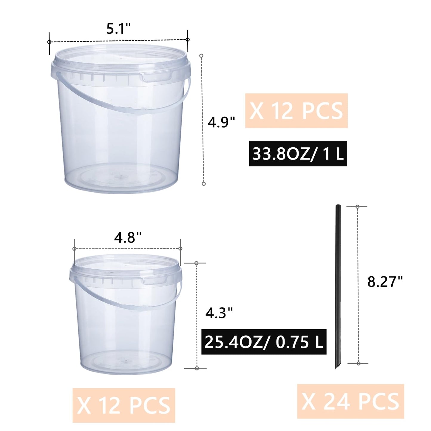 ToppYuanZea 24 Pack Ice Cream Bucket with Lids and Handles, 25OZ/ 33OZ Clear Plastic Rum Bucket Cocktail Drinks Containers, Plastic Food Storage Pail Tub for Summer Cold Drink Beach Parties