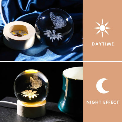 AOFEGRLT 3D Laser Etched Butterfly Crystal Ball with Stand, 60mm Glass Sphere Decorative Balls, Crystal Butterfly Figurine Lamp Night Light Gifts for Women Girls Mom Kids