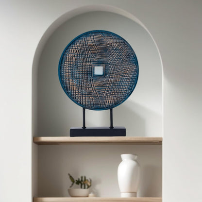 LuckySunDecorQZ Unique Round Coin Sculpture Decorative Objects for Shelf Home Decor Accents, Modern Abstract Tabletop Decor Items for Living Room Fireplace Mantel, Above Cabinet (Blue)