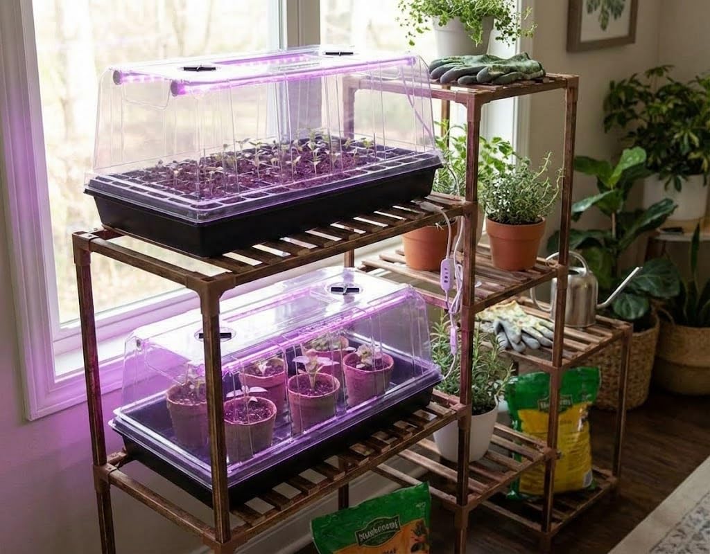 1020 Trays with Grow Light and 6.3" Humidity Dome - 4 Pack Heavy Duty Seed Trays with 72 Cell Plug Trays, Germination Kit with Timer and Dimmable LED - Reusable Plant Propagation Box for Gardening