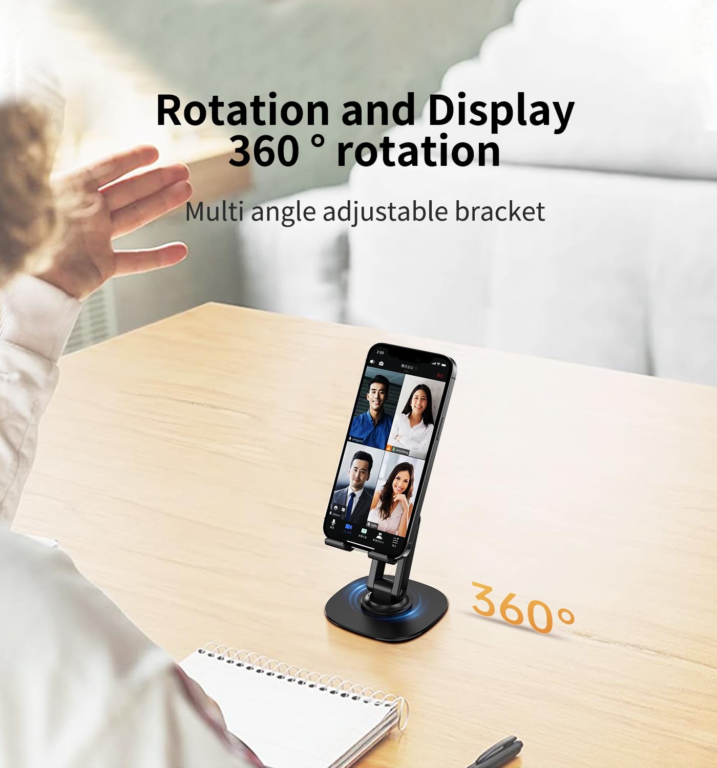 CXTX 360° Rotating Cell Phone Stand for Desk, Adjustable & Foldable Phone Holder, Aluminum Desktop Phone Stand with Anti-Slip Base, Compatible with iPhone, iPad, Android Phones, K69-Black