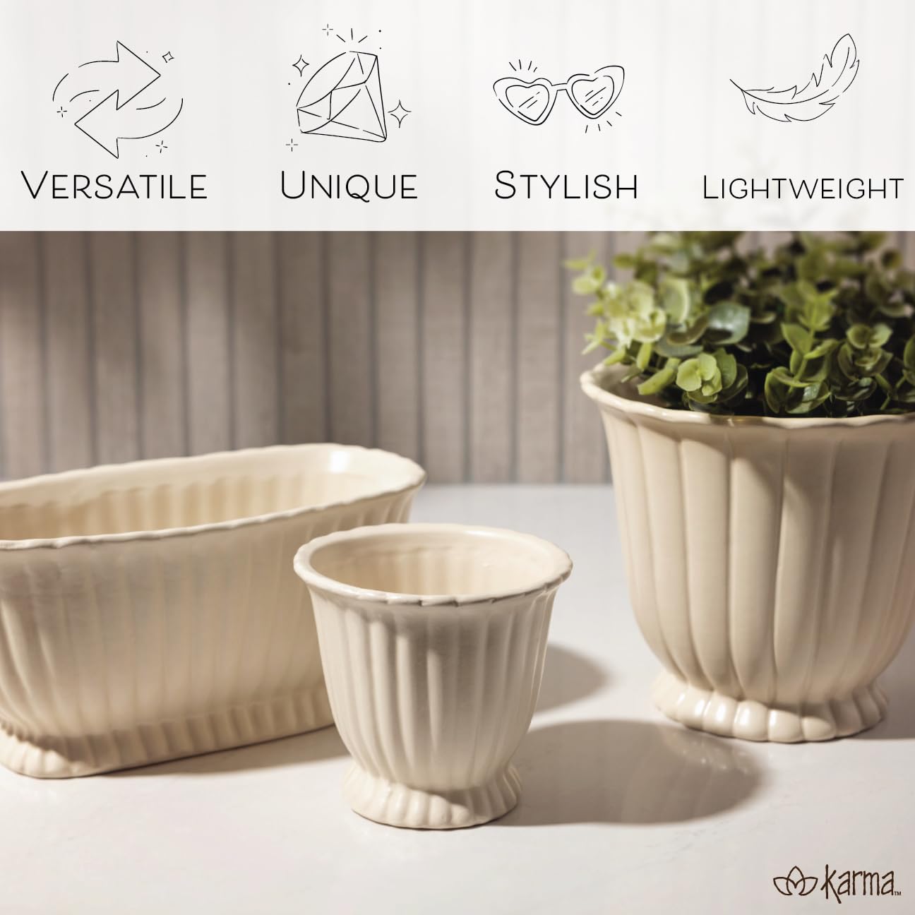 Karma, Modern Fluted Pot, Boho Small Plant Ceramic Pots, Modern Desk Decor, Office Planters, Small