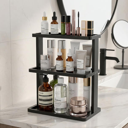 PEKER Bamboo Bathroom Organizer Countertop – Vanity Storage Shelf for Makeup, Perfume, Skincare – Natural Cosmetics Display Rack for Dresser, Sink, Kitchen – Black