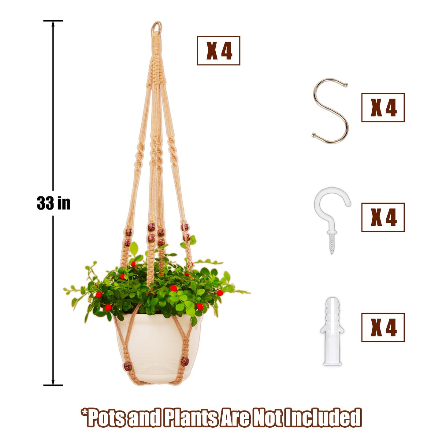petonfun Macrame Plant Hanger Indoor Set,Hanging Planters for Indoor Plants Outdoor,Hanging Plant Holder Basket Pot with 8 Hooks,Boho Home Decor Crochet Beads Window Ceiling,No Tassels 4 Pack,Brown