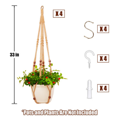 petonfun Macrame Plant Hanger Indoor Set,Hanging Planters for Indoor Plants Outdoor,Hanging Plant Holder Basket Pot with 8 Hooks,Boho Home Decor Crochet Beads Window Ceiling,No Tassels 4 Pack,Brown