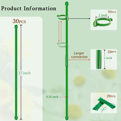 30Pcs Plant Support Stakes 17 inch SupKing Garden Orchid Sticks Extended to 3ft 4ft 5ft Plant Poles with Clips for Indoor Outdoor Potted Tomato Rose Amaryllis Vegetables Comes with 20 Ties（Green）
