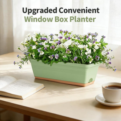 LESOASIS Window Box Planter, 6 Pack Plastic Vegetable Flower Window Planters Boxes 16 Inches Rectangular Flower Pots with Drainage Holes and Saucers (Green)