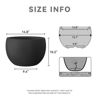 Kante 15.7" Dia Round Concrete Planter, Outdoor/Indoor Large Bowl Plant Pots with Drainage Hole and Rubber Plug for Garden Patio Balcony Home, Black