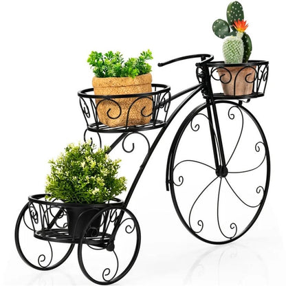 Tricycle Iron Planter Stand 3 Potted Metal Bicycle Shape Plant Flower Pot Rack Black Vintage Rectangular