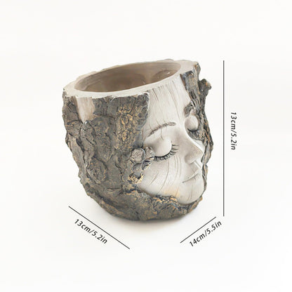 QIYUNI Handmade Resin Face Stump Girl Succulent Planter Pastoral Healing Courtyard Balcony Ornament Indoor Outdoor Decor Gift