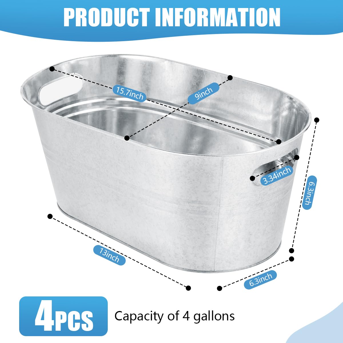 OBTANIM 4 Pack 4 Gallon Galvanized Ice Buckets Metal Champagne Drink Cooler Storage Ice Tub with Handles for Beer Cocktails Wine Beverage Home Parties Bar Cooling Supplies