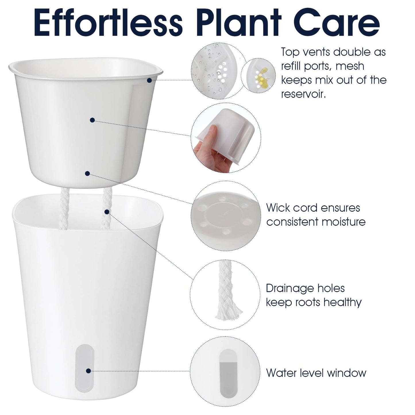 Douaowoc 8 Pack 4" Self Watering Pots for Indoor Plants, Clear Inner Cup, Small White Plastic Planters, Water Level Indicator, Drainage Holes, Extra Wick, Cuttings, Seedlings, African Violets