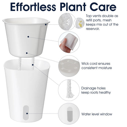 Douaowoc 8 Pack 4" Self Watering Pots for Indoor Plants, Clear Inner Cup, Small White Plastic Planters, Water Level Indicator, Drainage Holes, Extra Wick, Cuttings, Seedlings, African Violets