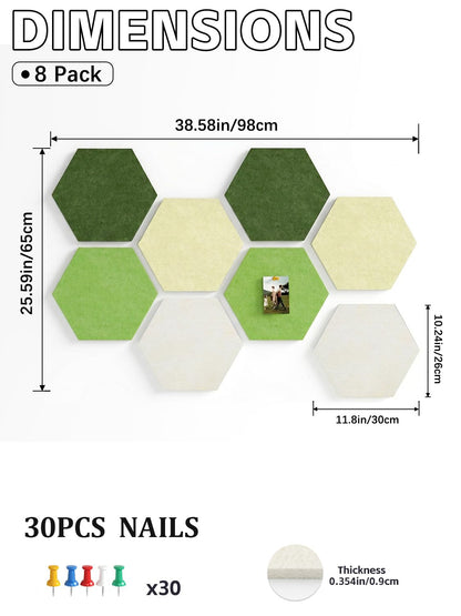 Uoisaiko 8 Pack Hexagon Felt Bulletin Board Tiles - 12" Large Thick Pin Board for Walls with 30 Push Pins, DIY Boards for Office Home School Decor, Aesthetic Hex Cork Board Alternative