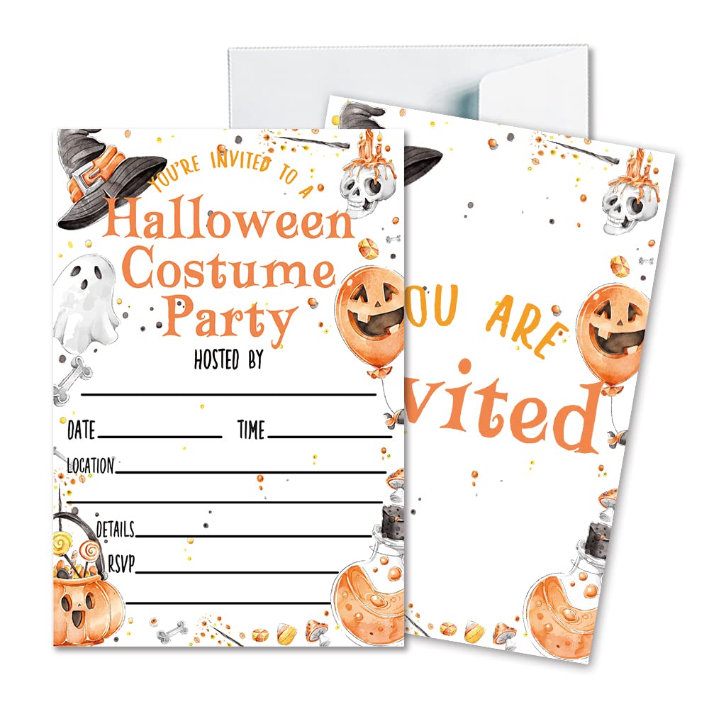 Deluxe Halloween or Costume Party Invitations, 25 Fill-in Cards with Envelopes, Pumpkin, Ghost, Monster, Cute Trick or Treat, Box or Treat for Kids Birthday or Adult party - 4"X6" (JRM338)