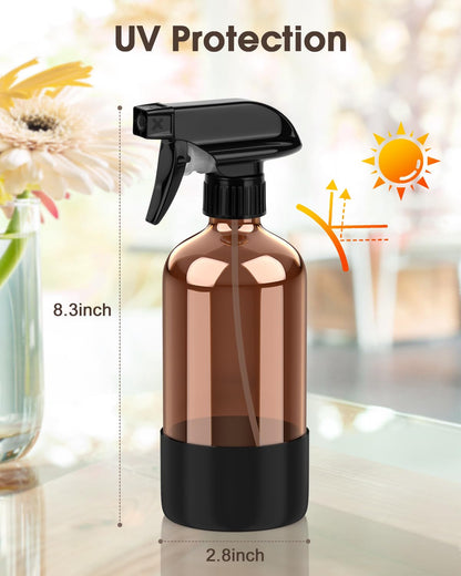 Bontip Glass Spray Bottle with Silicone Sleeve Protection, Amber Glass Spray Bottle Set for Window Cleaner Aromatherapy Facial Hydration Watering Flowers Hair Care 2 Pack/16 oz (Black)