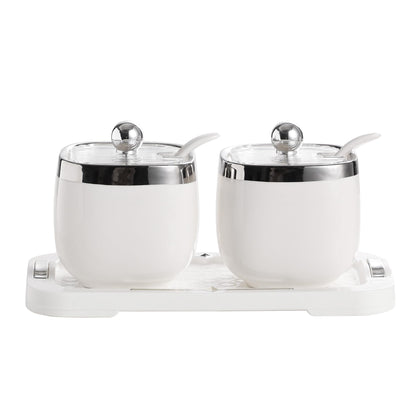 shuqiao Porcelain Condiment Jar Spice Container with Lid - Ceramic Spoon, Plastic Tray is the best clay pot for your home, kitchen, counter. White, 280 ml (9.4 oz), 2-piece set (3, Circle)