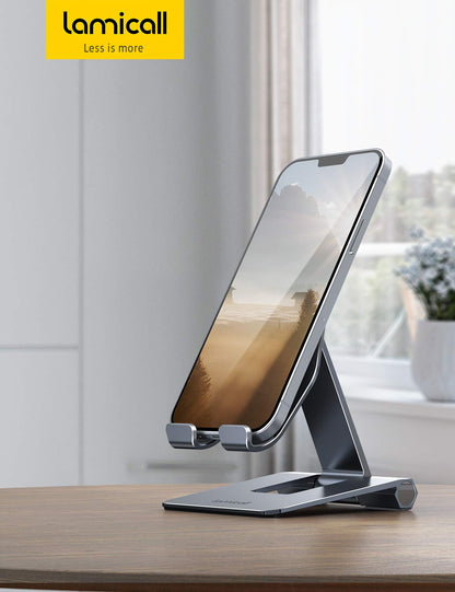 Lamicall Aluminum Metal Adjustable Cell Phone Stand Desk - Heavy Duty Aluminum Metal Foldable Desktop Phone Holder, Cradle, Dock, for iPhone 16 15 14, Plus, Pro, Pro Max, 13 12 X XS,4-11'' Phone Grey