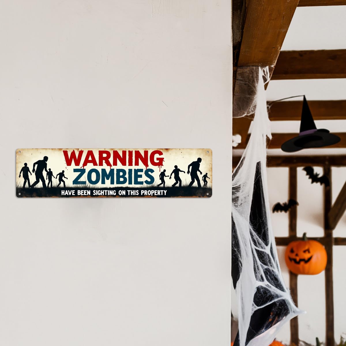 Warning Zombies Have Been Sighting On This Property Metal Tin Sign Halloween Theme Wall Hanging Rustic Style Wall Decor For Home, Office, Halloween Party, Man Cave Decorative Signs & Plaques 4x16 Inch
