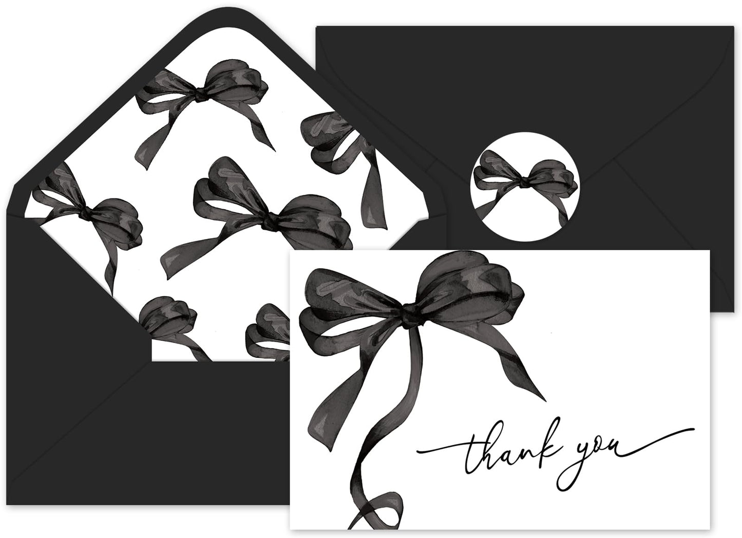 Whaline 24 Pcs Black Bow Thank You Cards with Envelopes and Stickers Watercolor Bow Greeting Cards Black Blank Note Card for Halloween Party Supplies