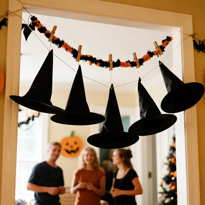 29 IYEBRAO 15 Pcs Halloween Decorative Witch Hats, Thick Black Witch Hats Bulk, With 147 FT Rope Hanging Witch Hat, Halloween Outdoor and Indoor Decoration Party Supplies, Witch Costume Accessories