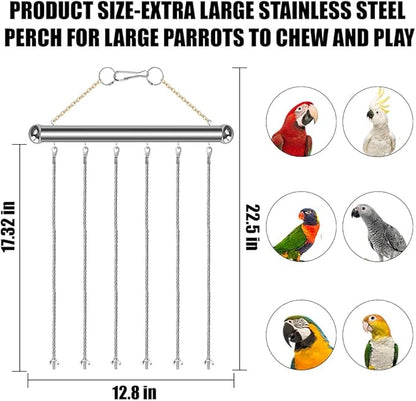 Stainless Steel Parrot Toy Hanging Rack, Large Bird Toy Stand with 6 Hanging Cables & Swivel Hooks, Chew Toy Holder for Macaws, Cockatoos, African Greys, Bird Cage Accessory for DIY Toy