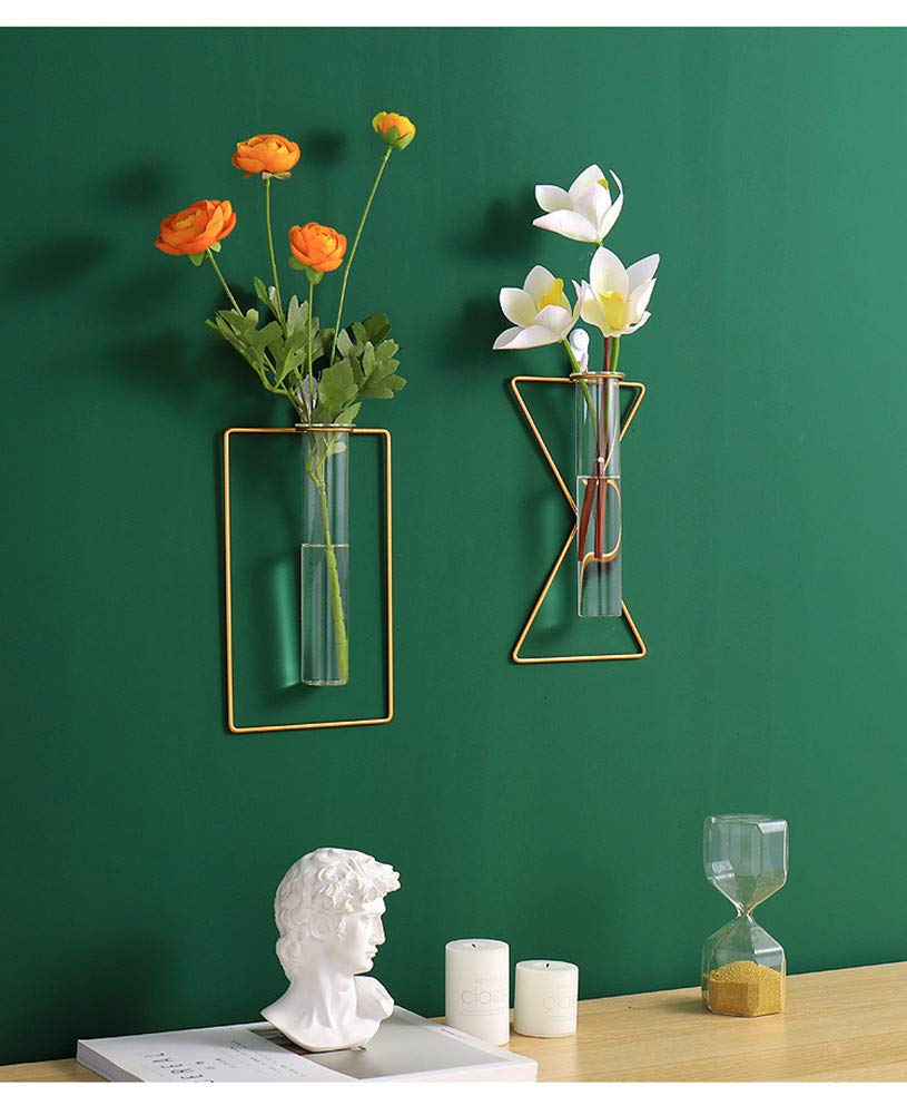 yaocoral Nordic Wall Vase Hanging Geometric Gold Flower Vase Wall Mount Metal Frame Vases Hydroponic Glass Bud Vase Decor for Home Wedding Farmhouse
