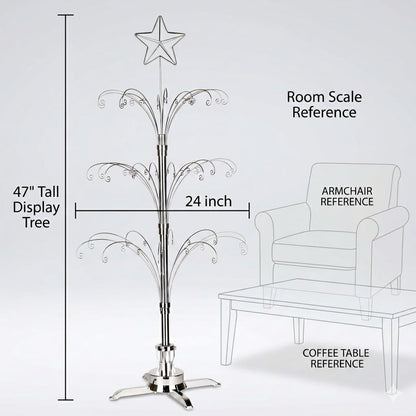 HOHIYA 47" Rotating Ornament Display Tree with 60 Hooks Heavy Duty Metal Christmas Ornament Stand Silver Rotating Display Rack for Glass Ornaments Holiday Decor Craft Show & Year Round Display