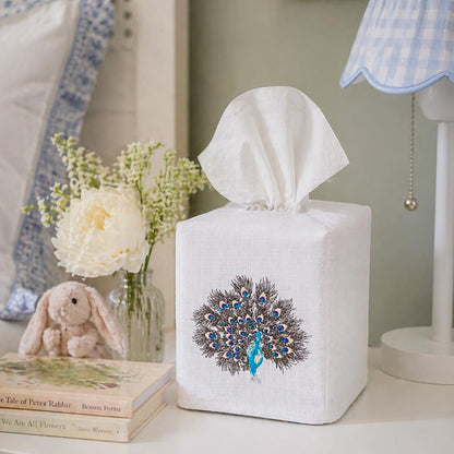 Jacaranda Living Square Tissue Box Cover, Linen/Cotton Fabric Tissue Holder, Decorative Cloth Tissue Cube Cover, Animal Designs Feathered Peacock (Turquoise, Pewter)
