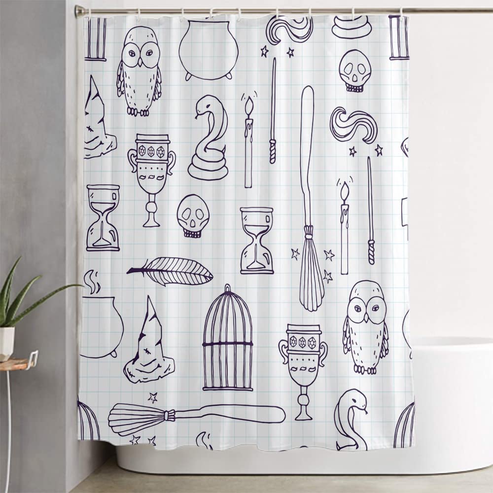 LOKMU 4 Pcs Shower Curtain Sets with Non-Slip Rugs, Toilet Lid Cover and Bath Mat,Witch Birdcage Magic Books Owl Wand Broom Waterproof Shower Curtain with 12 Hooks, Bathroom Decor Sets, 72" x 72"