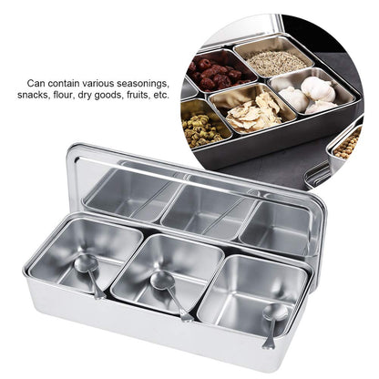 Hitoxi Condiment Server, 21oz Food Grade Stainless Steel Seasoning Jar with Spoon & Lid 3 Removable Compartments 3 Pcs Spices Container Set for Salt Sugar Cruet Snacks Flour Dry Goods