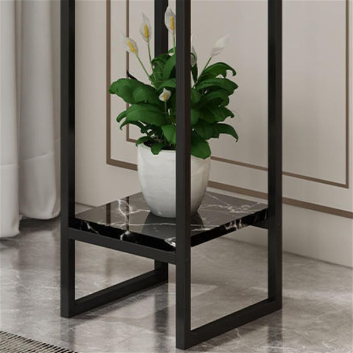 KWOKING Simple Square Multi-Level Wood Plant Table with Storage Shelf Floor-Standing Wrought Iron Planter Stand for Living Room Indoor Use Especially for Balconies Black 9" L x 9" W x 24" H
