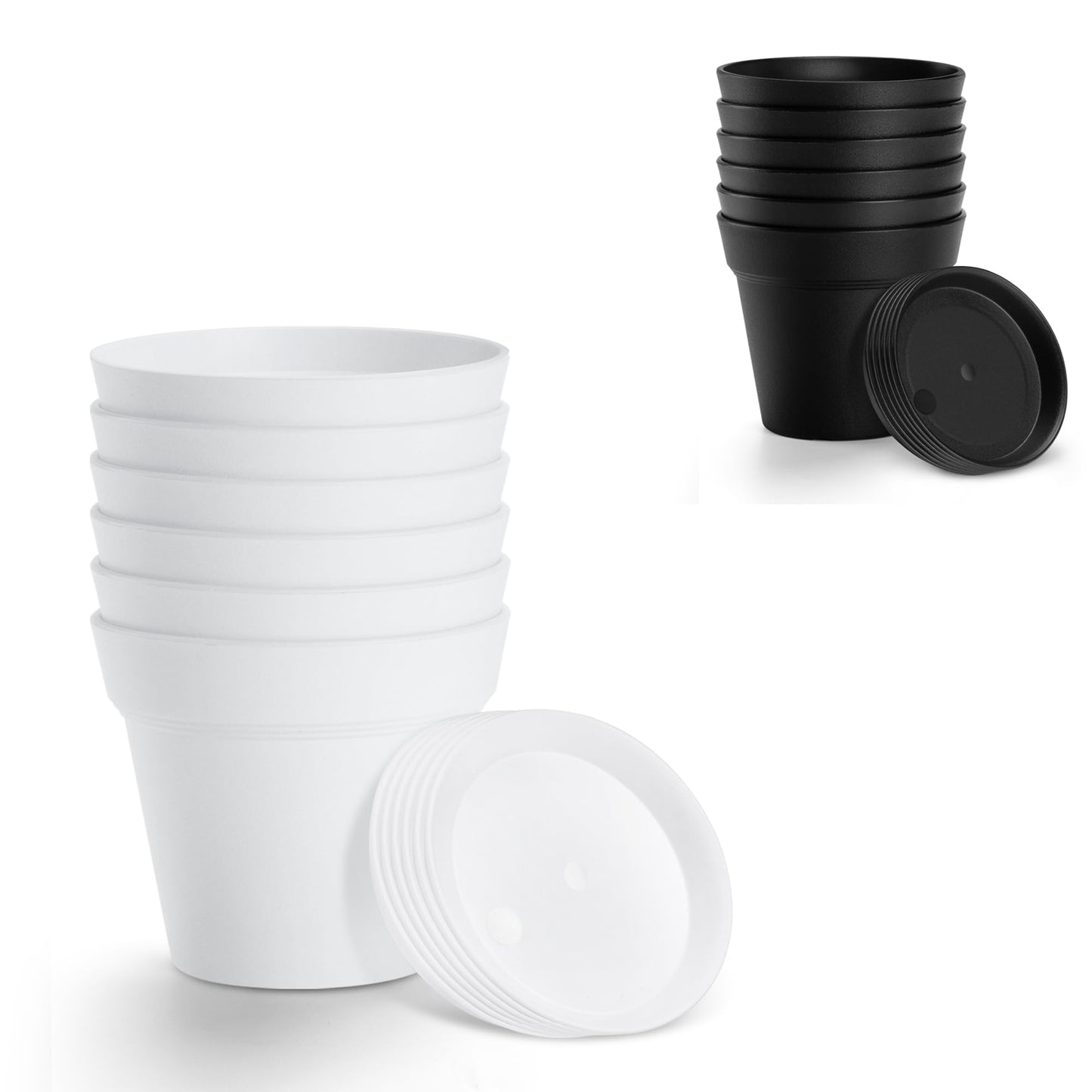 FHWTY 6 Pack 7in Plastic Plant Pots Black & 6 Pack 7in Plastic Plant Pots White