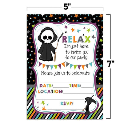 Relax! Funny Grim Reaper Themed Halloween Party Invitations, 20 5x7 Fill In Cards with Twenty White Envelopes by AmandaCreation