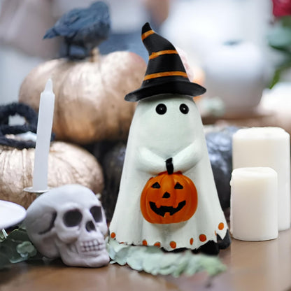 Pcmursal Halloween Decorations Ghost Statues, Ceramic Ghost Decor, Ghost Figurine, Halloween Ghosts Wearing Hats and Holding Pumpkin Statue