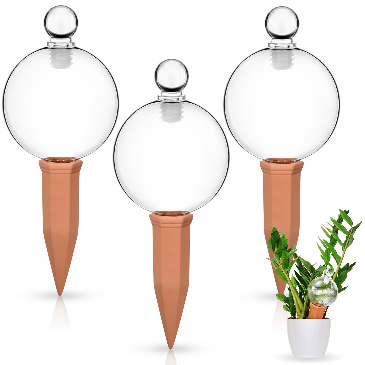 Teenyyou 3 Set Glass Self Watering Globes with Terracotta Self Watering Spike 12 oz Large Glass Waterer Bulbs Automatic Water Planter Insert Plant Water Device for Indoor Outdoor Plant(Clear,Classic)