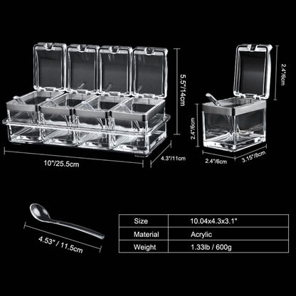 LOYUYU Seasoning Box, Seasoning Rack Spice Pots, Storage Container Condiment Jars, 4 Piece Clear Acrylic Cruet with Cover and Spoon Transparent