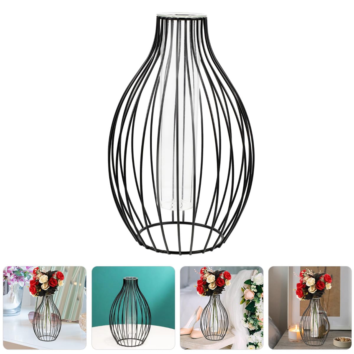 Beavorty Glass Tube Hydroponic Propagation Station with Black Iron Frame, Geometric Nordic Style Plant Terrarium Vase for Home Table Decoration